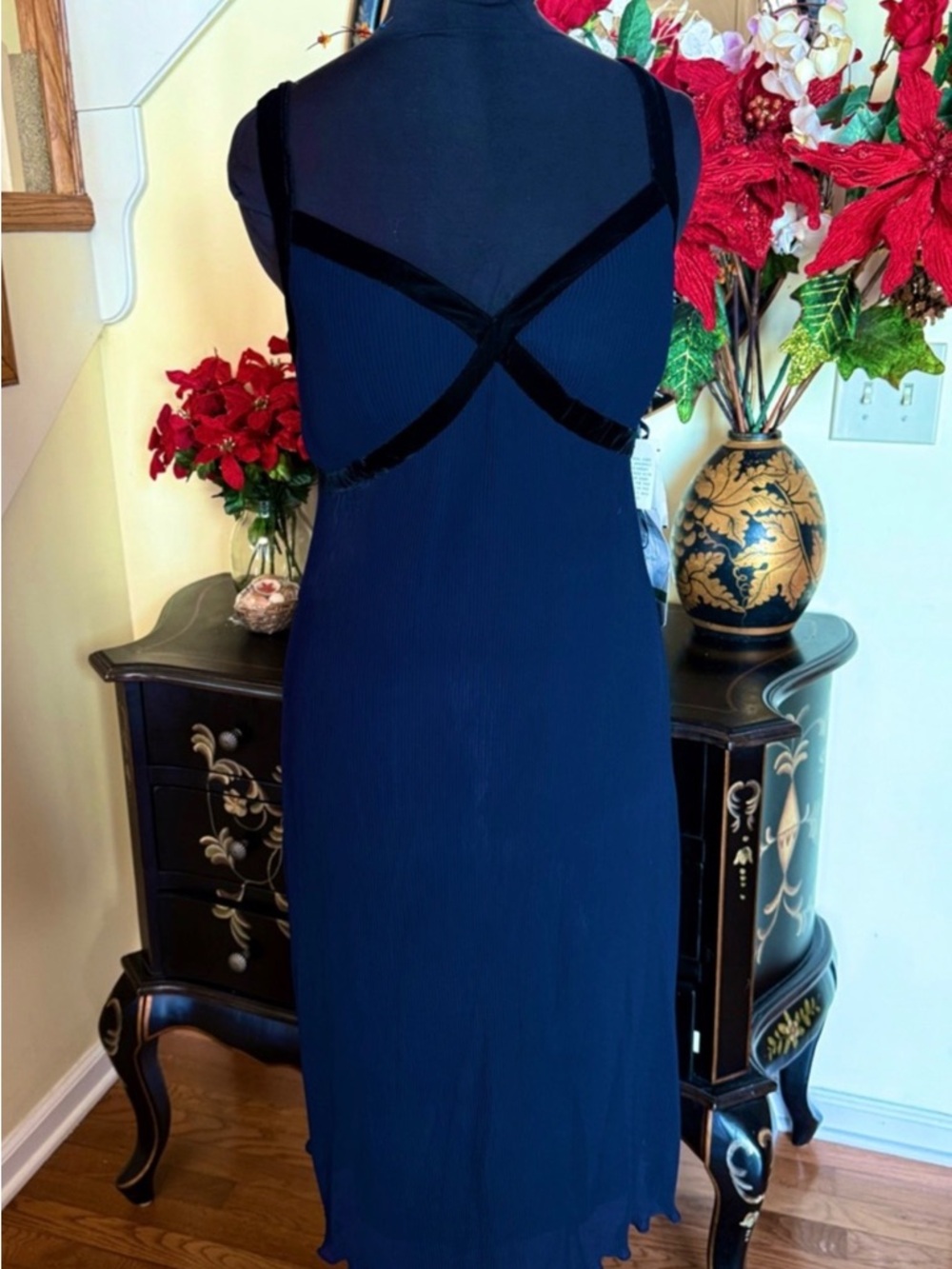 Rimini by Shaw Navy Blue Pleated Slip Dress with Velvet Trim